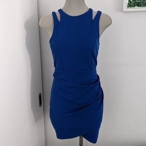 Royal blue cocktail dress with shoulder detail